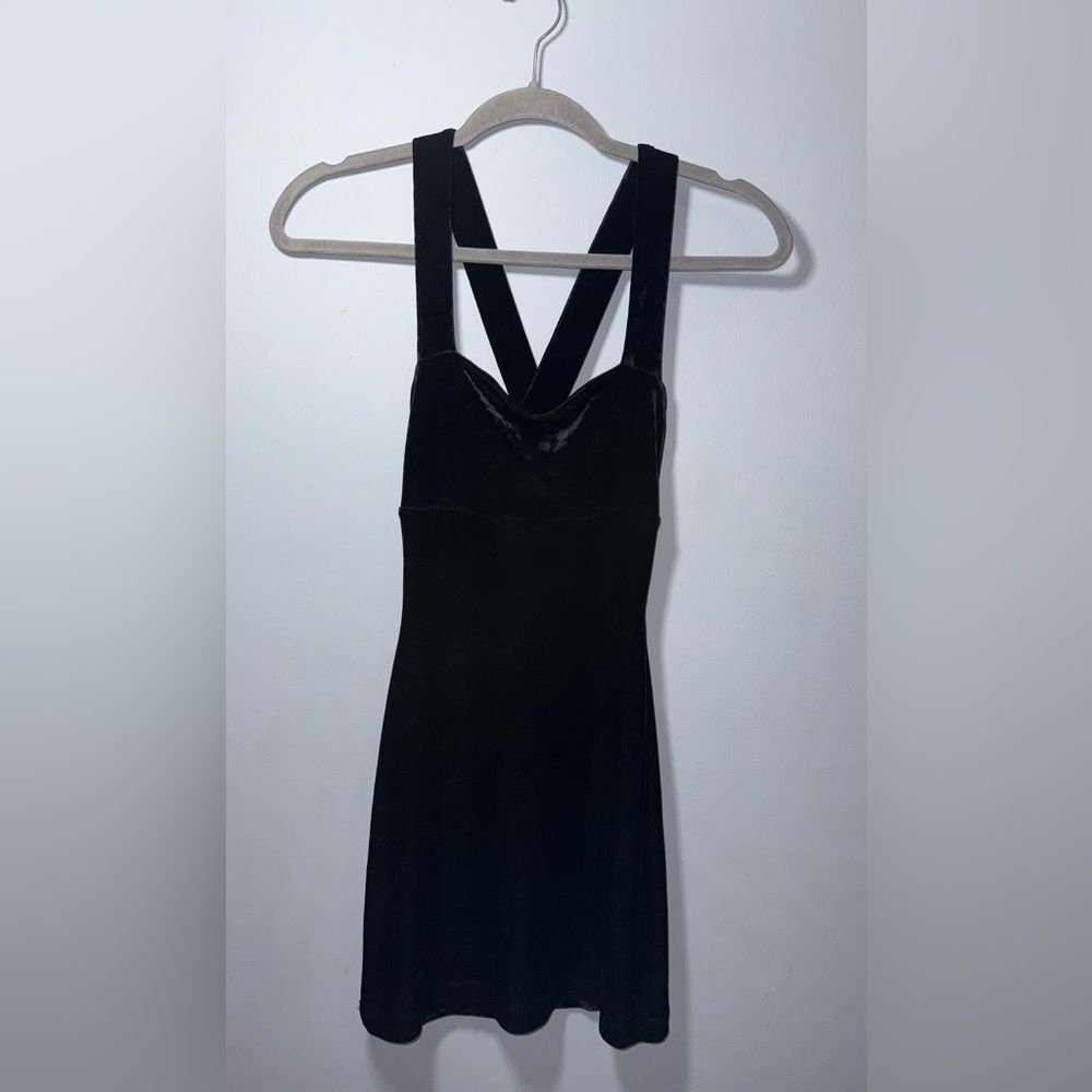 Betsey Johnson VTG black velvet Stretch bodycon cross back mini dress Y2K Small